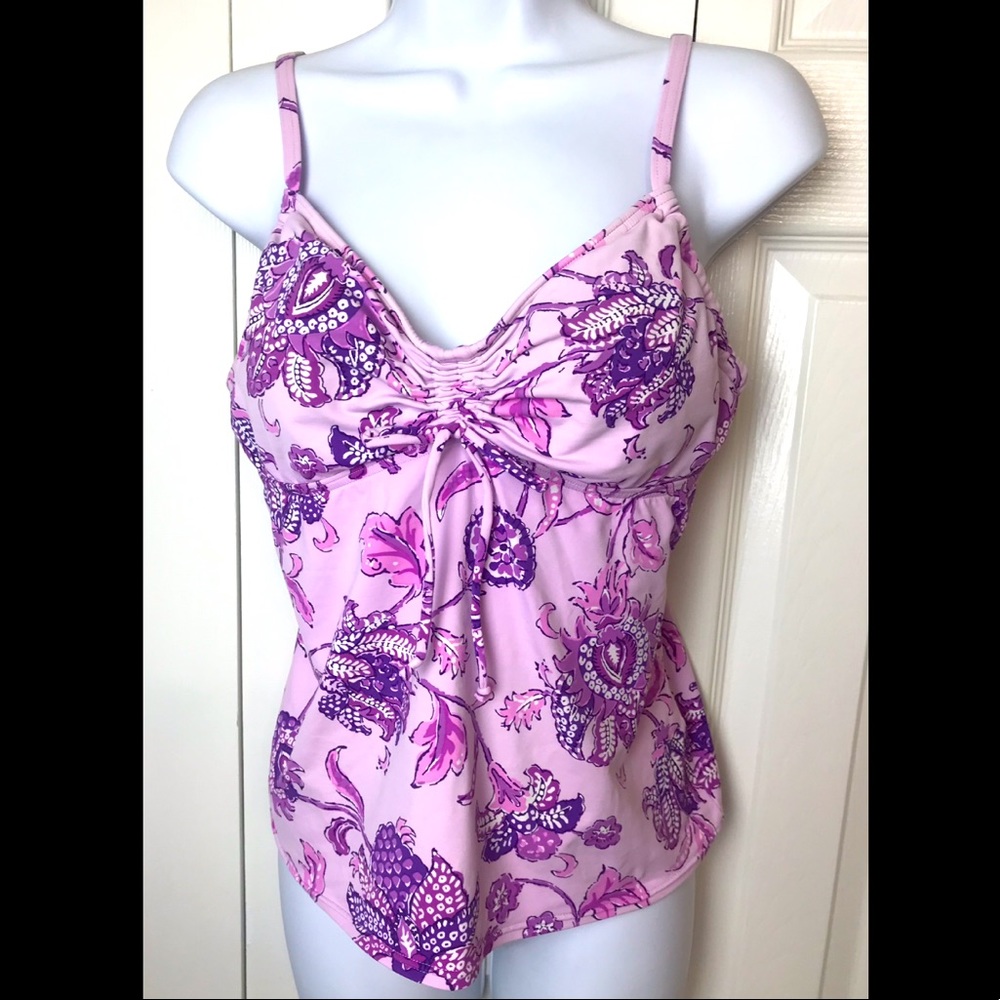 LANDS END Tankini Swimsuit Top Tank Purple Floral Underwire Bra Swimwear Ties